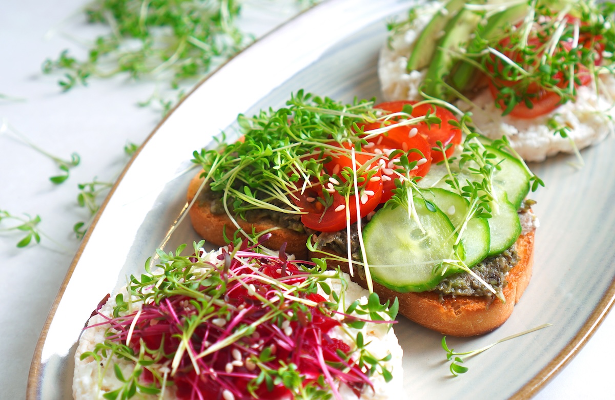 Tartines crues avec micropousses fraîches en finition